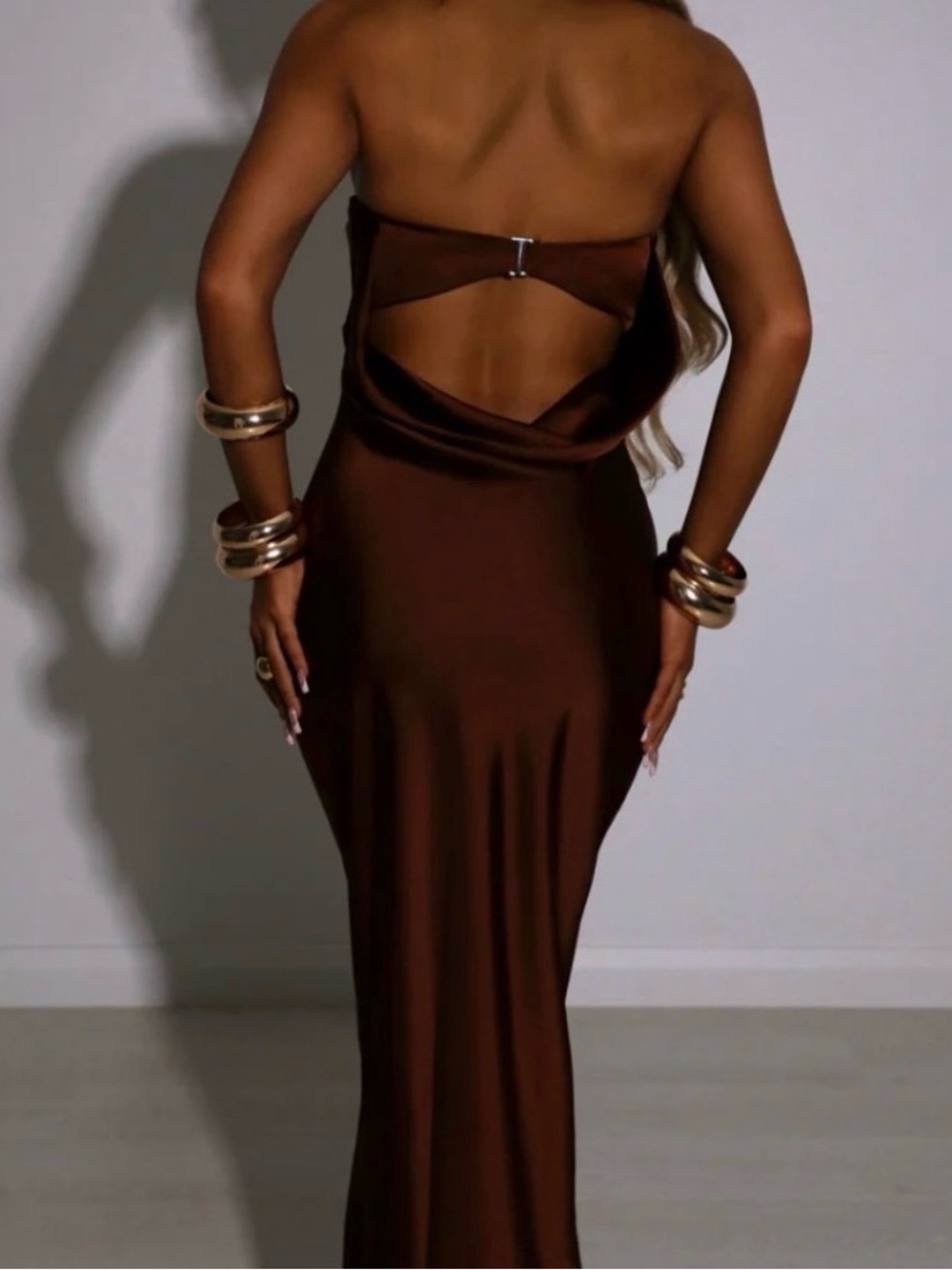 Elegant Strapless Chocolate Brown Bodycon Maxi Dress - Picture 2 of 2